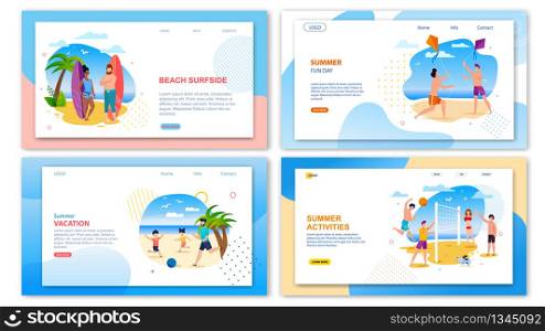 Travel Agency Landing Page Set. Banner Template Pack Proposing Fun Activities on Summer Holidays for Family and Friends. Vacation and Healthy Recreation on Tropical Beach. Vector Flat Illustration. Travel Agency Landing Page Set with Fun Activities