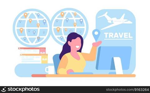 Travel agency manager helps to choose tour to rest. Tourism management. Agent selling and booking airplane tickets. Woman at table. Location pins on globe. International journey trip. Vector concept. Travel agency manager helps to choose tour to rest. Tourism management. Agent selling and booking airplane tickets. Location pins on globe. International journey trip. Vector concept