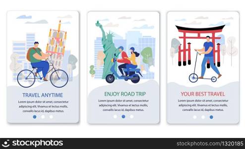 Travel Agency Mobile App, Rental Vehicles Online Service Trendy Flat Vector Web Banner, Landing Page Template. Female, Male Tourists Riding Bicycle, Scooter near World Famous Attractions Illustration