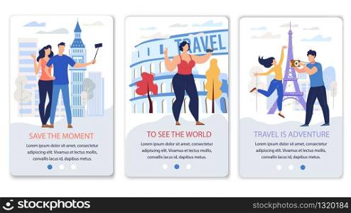 Travel Agency, Online Startup for Travelers Mobile App Trendy Flat Vector Vertical Web Banners, Landing Pages Templates Set. Male, Female Tourists, Couple Making Selfie near Attractions Illustration