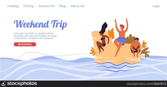 Travel agency or company in internet offering tour packages for weekend trips. Friends on exotic island swimming and jumping in water. Website or webpage template, landing page flat style vector. Weekend trip, travel agency proposing tour online