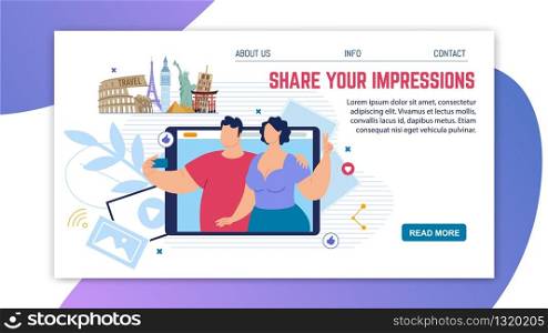 Travel Agency, Photos Cloud Service, Travel Bloggers Blog Trendy Flat Vector Web Banner, Landing Page. Happy Couple, Traveling Tourists Making Selfie with Cellphone, Sharing Photos Online Illustration