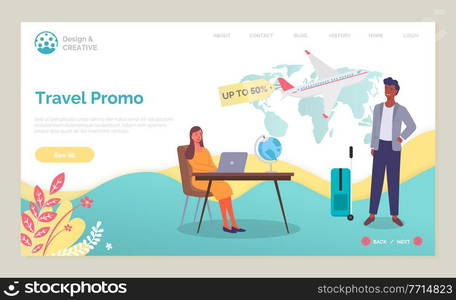 Travel agency promo action, a discount vector illustration of a woman sitting at the table in the office and a man customer traveler. Male planning a trip communicate with the manager choose a tour. Travel agency promo action, a discount webpage. Man planning a trip communicate with the manager