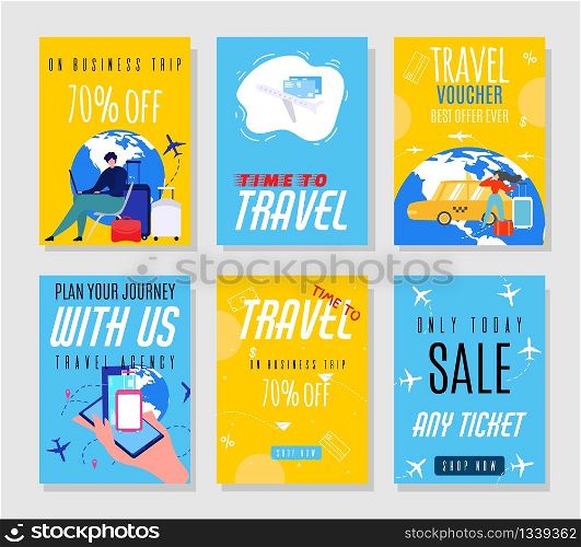 Travel Agency Sales Flyers Offering Hot Prices on Tickets. Best Vacation and Business Trip Vouchers Set. Advertisement for Online Booking Service. Seasonal Summer Discounts. Vector Illustration. Travel Agency Sales Set Offering Best Vacation