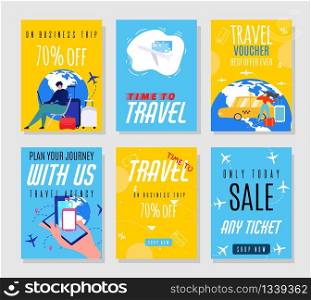 Travel Agency Sales Flyers Offering Hot Prices on Tickets. Best Vacation and Business Trip Vouchers Set. Advertisement for Online Booking Service. Seasonal Summer Discounts. Vector Illustration. Travel Agency Sales Set Offering Best Vacation