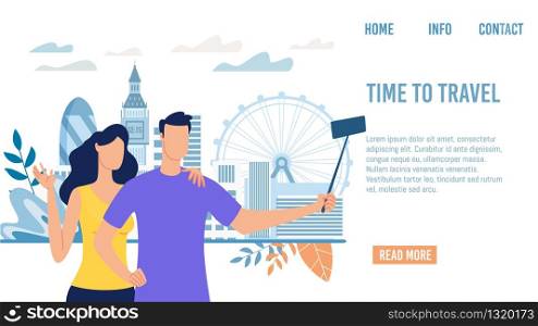 Travel Agency, Startup, Online Service for Tourists Trendy Flat Vector Web Banner, Landing Page Template. Happy Couple, Newlyweds Making Selfie Photos on Background of London Attractions Illustration