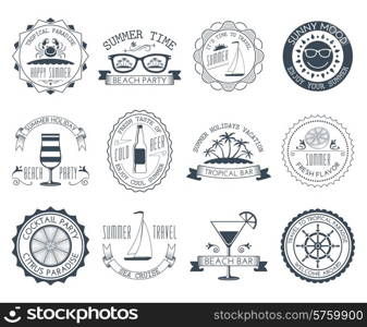 Travel agency summer vacation ocean cruise emblems labels set with yacht sail black abstract isolated vector illustration. Summer vacation emblems stickers set