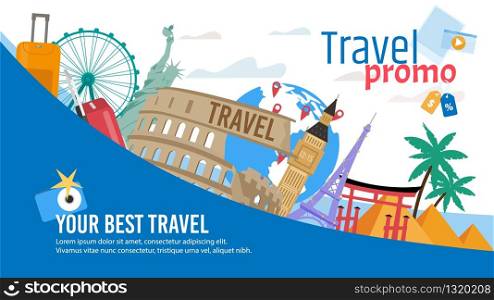 Travel Agency, Touristic Routes and Tours, Booking Service Trendy Flat Vector Advertising Banner, Promo Poster Template. European and American Cities Architectural, Historical Attractions Illustration