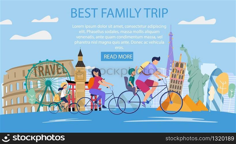 Travel Agency Tours for Parents with Kids, Family Vacation Trip Trendy Flat Vector Web Banner, Landing Page. Happy Father and Mother with Children Riding Bicycles near Famous Attractions Illustration