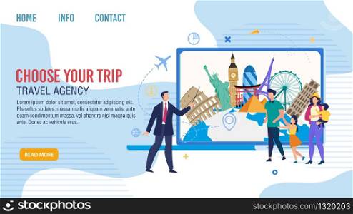 Travel Agency Tours for Traveling Families Trendy Flat Vector Web Banner, Landing Page Template. Company Manager, Showing with Pointer, Offering Destinations for Clients Vacation Journey Illustration