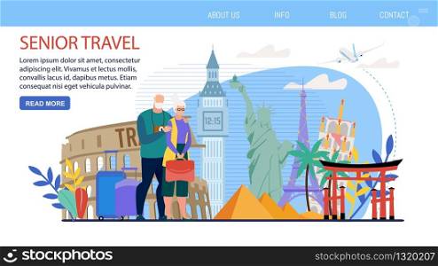 Travel Agency Tours for Traveling Senior People Trendy Flat Vector Web Banner, Landing Page Template. Elderly Couple, Senior Wife and Husband, Grandparents Visiting Touristic Attractions Illustration