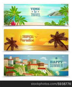 Travel agency tropical paradise vacation banners set. Summer vacation horizontal banners set with tropical beach sunset ocean water reflection flat abstract vector isolated illustration