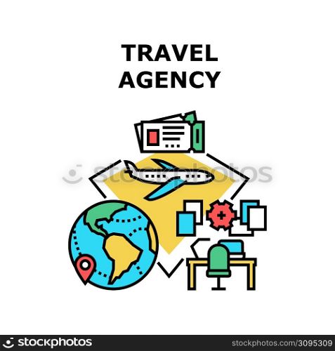 Travel Agency Vector Icon Concept. Travel Agency Service For Offering Journey, Reservation Hotel Room And Buy Airplane Transport Tickets. Search And Offer Vacation Journay Color Illustration. Travel Agency Vector Concept Color Illustration
