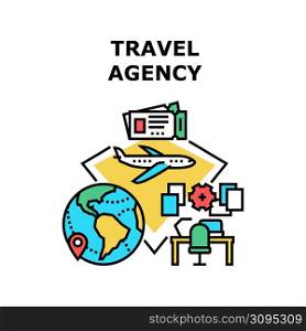 Travel Agency Vector Icon Concept. Travel Agency Service For Offering Journey, Reservation Hotel Room And Buy Airplane Transport Tickets. Search And Offer Vacation Journay Color Illustration. Travel Agency Vector Concept Color Illustration