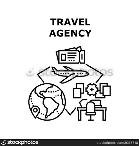 Travel Agency Vector Icon Concept. Travel Agency Service For Offering Journey, Reservation Hotel Room And Buy Airplane Transport Tickets. Search And Offer Vacation Journay Black Illustration. Travel Agency Vector Concept Black Illustration