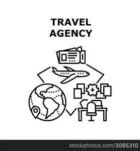 Travel Agency Vector Icon Concept. Travel Agency Service For Offering Journey, Reservation Hotel Room And Buy Airplane Transport Tickets. Search And Offer Vacation Journay Black Illustration. Travel Agency Vector Concept Black Illustration