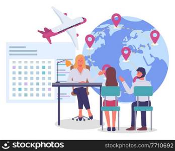 Travel agency vector illustration of a woman sitting at the table in the office and people customers travelers. Man and woman couple are planning a trip communicate with the manager choose a tour. Travel agent woman sitting at the table in the office and people customers travelers illustration
