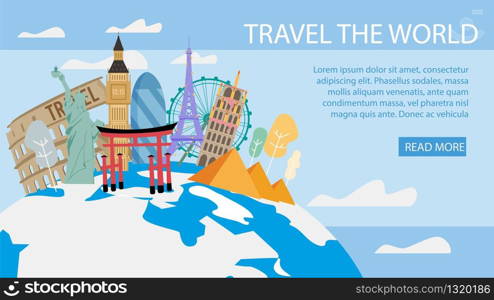 Travel Agency World Tours, Vacation Trip to Foreign Countries Trendy Flat Vector Web Banner, Landing Page Template. European, Asian, American Cities Famous Touristic, Cultural Attractions Illustration