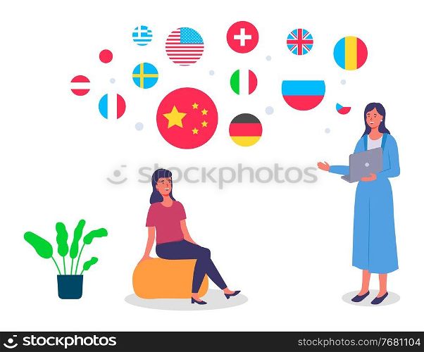 Travel agent woman standing with laptop in office and tells the girl client about countries. International business or training. The girl is sitting on a puff, fragments of flags of different states. Travel agent woman standing with laptop in the office and tells the girl client about the countries