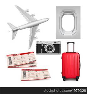 Travel airline vacation vector set. Airplane, suitcase, ticket, photo camera. World trip element. Journey design. booking adventure. 3d realistic illustration. Travel airline vacation set vector
