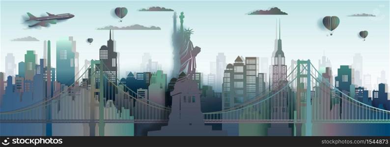 Travel America New York City Liberty statue landmark in Manhattan, Tourism USA famous landmarks skyscraper with downtown skyline,Architecture modern office, Vector gradient paper art and paper origami