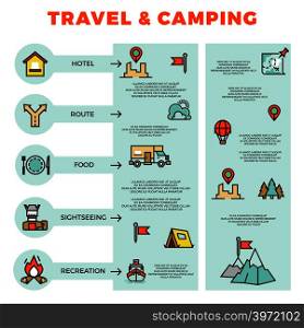 Travel and camping colorful infographic with line icons. Adventure and camp tourism, vector illustration. Travel and camping colorful infographic with line icons