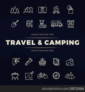 Travel and camping line icons set on blue grunge backdrop. Vector illustration. Travel and camping line icons set