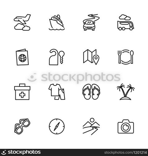Travel and holiday line icon set. Editable stroke vector. Isolated at white background