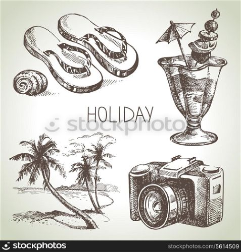 Travel and holiday set. Hand drawn sketch illustrations