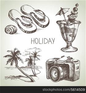 Travel and holiday set. Hand drawn sketch illustrations