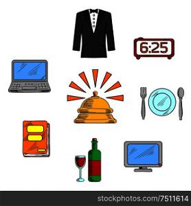 Travel and hotel luxury service icons with reception bell and high quality room service symbols. Travel and hotel luxury service icons