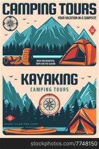Travel and kayaking sport retro posters. Camping and hiking tours, campsite banners with mountain range peaks, pine forest and river. Camping equipment shop poster with kayak, tent and backpack. Camping, kayaking and hiking travel vector posters