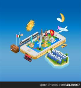Travel And Landmarks Concept Poster. Isometric poster of map on smartphone screen with landmark monuments on it and different transports around vector illustration