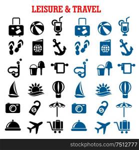 Travel and leisure flat icons set with airplane, luggage, passport, sun, sea, hotel services, sailboat, anchor, cocktail, beach umbrella and toys, photo camera, diving mask, hot air balloon