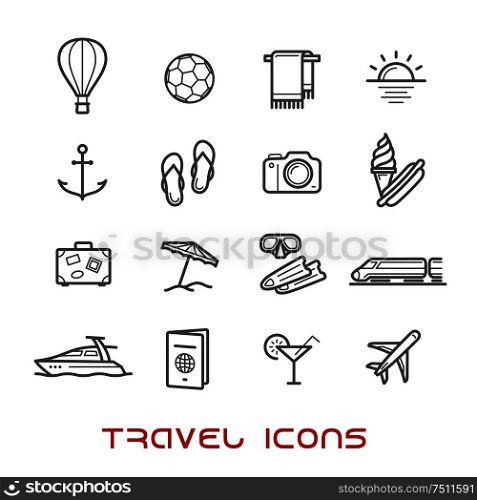 Travel and leisure thin line icons with airplane and luggage, passport and sun, hotel services, yacht, anchor and cocktail, beach umbrella and toys, photo camera and diving mask, hot air balloon. Travel and leisure thin line icons