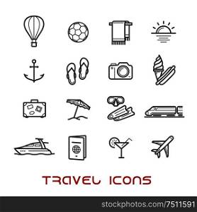 Travel and leisure thin line icons with airplane and luggage, passport and sun, hotel services, yacht, anchor and cocktail, beach umbrella and toys, photo camera and diving mask, hot air balloon. Travel and leisure thin line icons