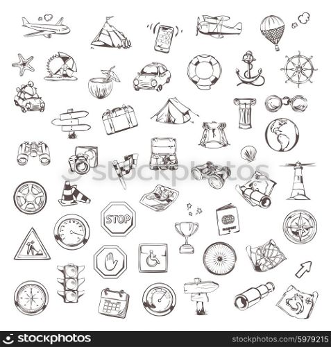 Travel and navigation, sketches of icons vector set
