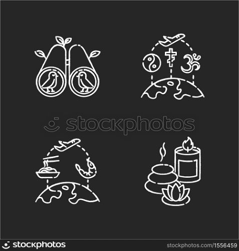 Travel and recreation chalk white icons set on black background. Birdwatching hobby, religious tourism, spa resort relaxation and international food tours. Isolated vector chalkboard illustrations. Travel and recreation chalk white icons set on black background