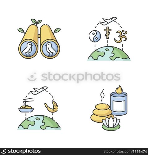 Travel and recreation RGB color icons set. Birdwatching hobby, religious tourism, spa resort relaxation and international food tours. Isolated vector illustrations. Travel and recreation RGB color icons set