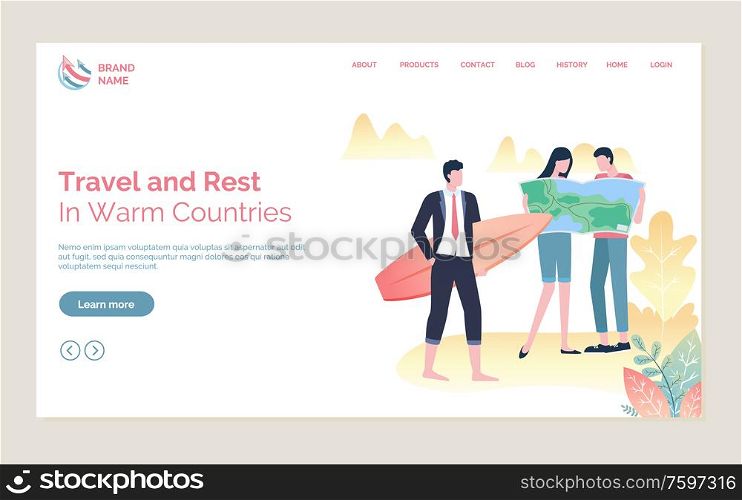 Travel and rest in warm countries, couple standing with map, person in suit holding surf, full length view of people, holiday tour online vector. Website or webpage template, landing page flat style. Tourists in Warm Countries, Travel Online Vector