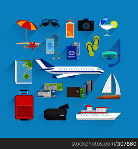 Travel and summer vacation, tourism and journey flat icons. Travel flat icons