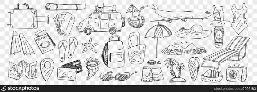 Travel and tourism attributes doodle set. Collection of hand drawn plane backpack suitcase beachwear cocktail sunglasses map umbrellas credit card camera for enjoying travels on transparent background. Travel and tourism attributes doodle set