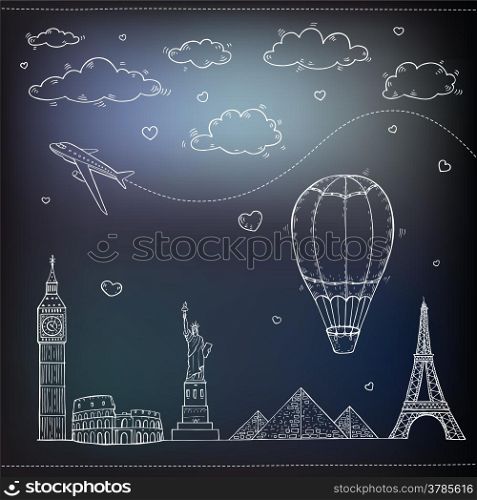 Travel and tourism background. Vector hand drawn illustration.