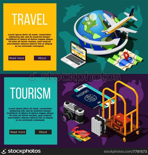 Travel and tourism horizontal banners booking tickets air travel hotel services active tourism adventure around world isometric vector illustration . Travel And Tourism Horizontal Banners