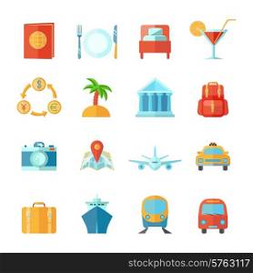 Travel and tourism icon flat set wth passport cocktail baggage landmark isolated vector illustration. Travel Icon Flat Set