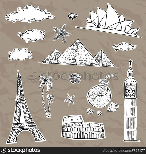 Travel and tourism labels collection. Vector hand drawn illustration.