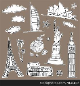 Travel and tourism labels collection. Vector hand drawn illustration.