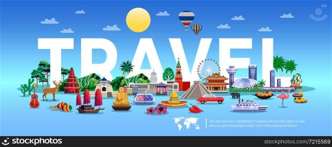Travel and tourism poster with resort and sightseeing symbols flat vector illustration. Travel And Tourism Poster