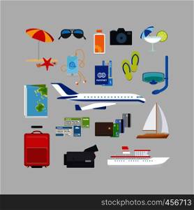 Travel and tourism summer icons set in flat style. Vector illustration. Travel and tourism summer flat icons