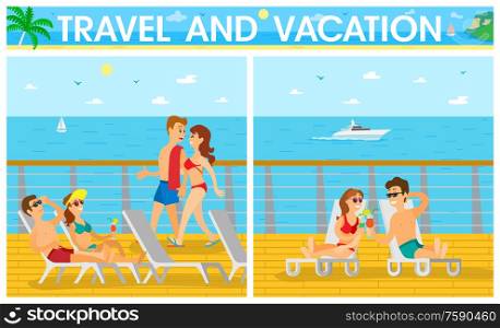 Travel and vacation on cruise liner, men in shorts and women in swimsuit lying on chaise lounge. Cloudy sky and ocean view from ship, sunbathing vector. Couples on Cruise Liner, Vacation on Ship Vector